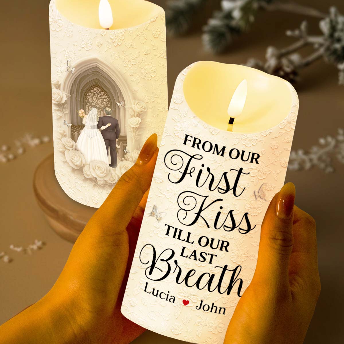 From Our First Kiss Till Our Last Breath, Personalized LED Flameless Candle, Gift For Couple, Wedding Gift