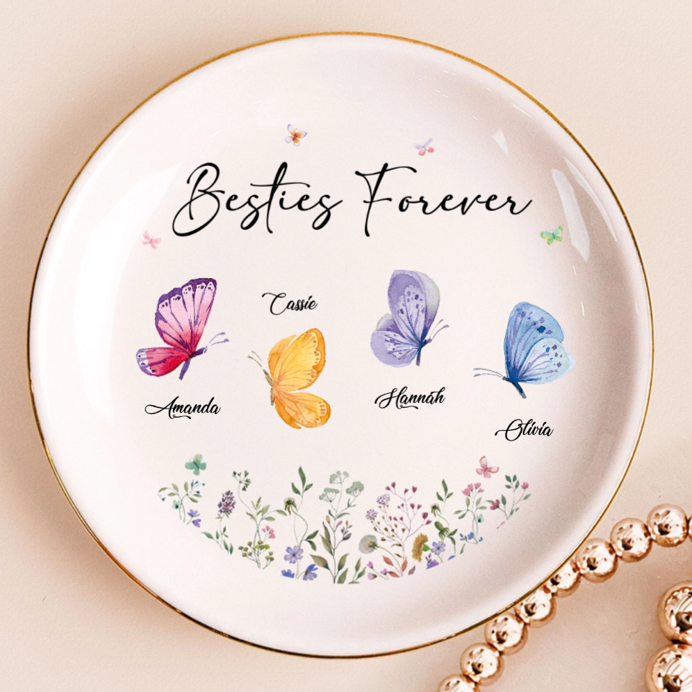 Life Is Better With Besties Sisters Colorful Butterflies - Personalized Jewelry Plate - Gift For Besties, Sisters, Friends