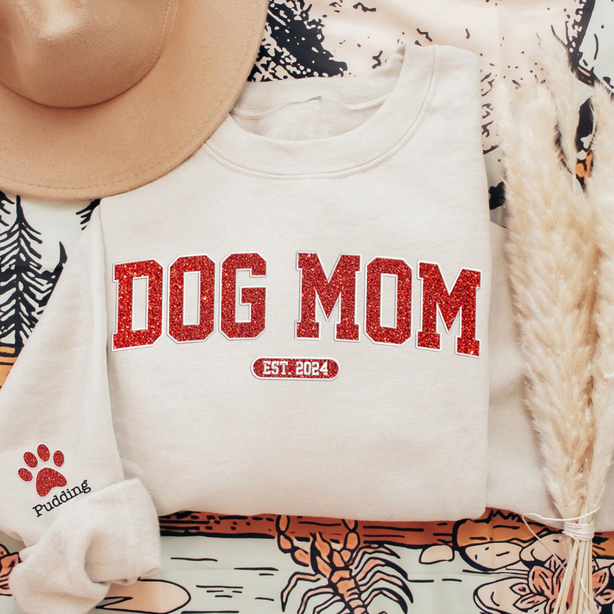 Personalized Dog Mom Embroidered Glitter Sweatshirt, Custom Nana Embroidered Dog Mama Crewneck Sweatshirt, Dog Mom Gifts, Dog Lover Gifts