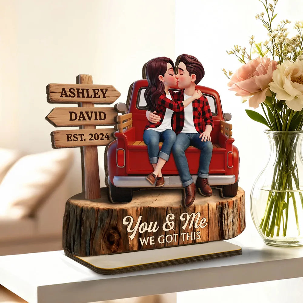 Kissing Couple Pickup Truck Sign Posts - Personalized Wooden Plaque With Flat Base - Valentine's Day Gift For Couple, Farmhouse Decor