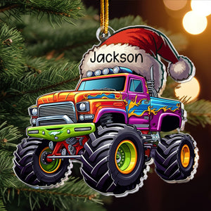 Monster Truck Christmas Hat - Personalized Acrylic Shaped Ornament - Gifts For Son, Boy, Kids