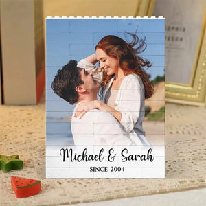 Custom Couple Photo, Name & Year - Personalized Building Block Puzzle - Anniversary Gift, Valentine's Day Gift For Couple