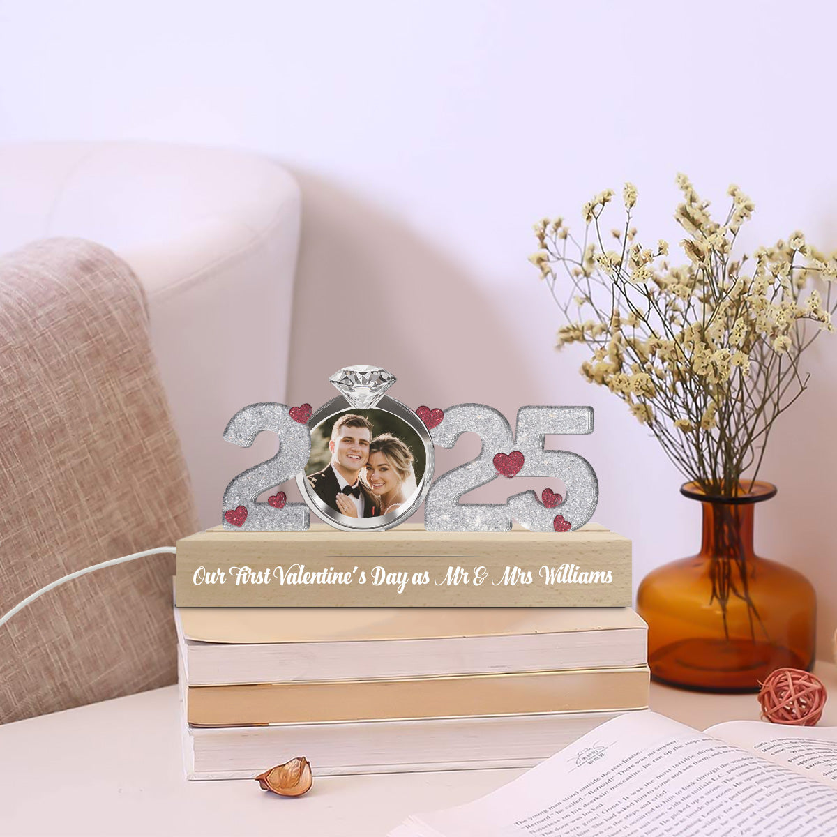 Our First Valentine's Day - Personalized 3D LED Night Wooden Base - Gift For Couple, Anniversary Gift