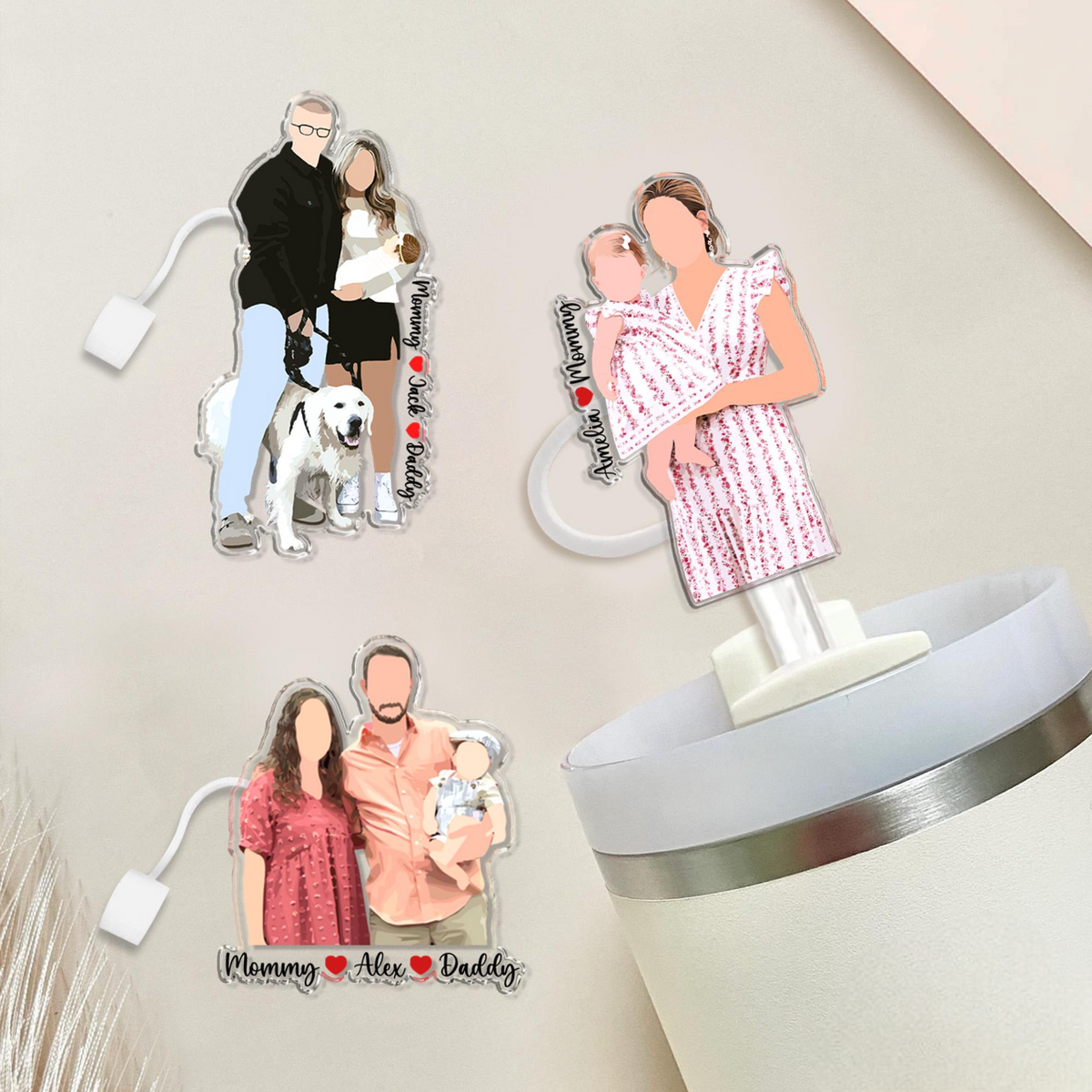 Personalized Gift For Mom, Custom Family Photo Portrait Straw Topper, Mom And Kids Photo Straw Cover