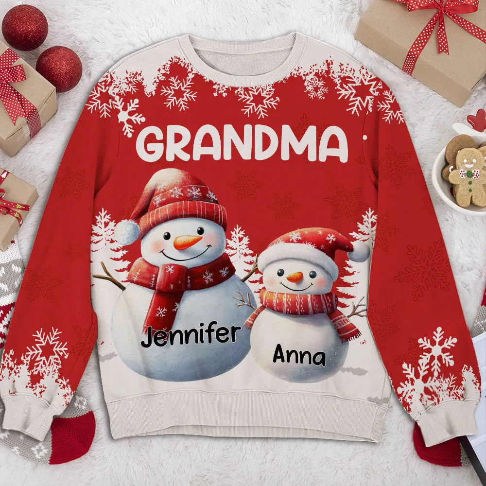 Grandma Snowman With Kids - Personalized Ugly Sweatshirt - Christmas Gift For Grandma