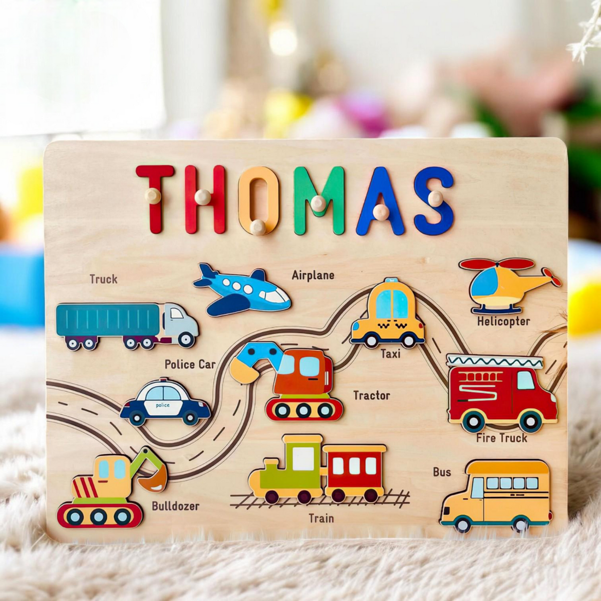 Personalized Wooden Name Puzzle with Vehicles, Custom Kids Name Puzzle, Toddler Learning Toy, Montessori Gift for Boys