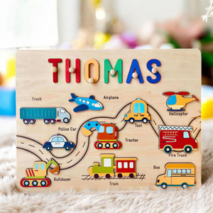Personalized Wooden Name Puzzle with Vehicles, Custom Kids Name Puzzle, Toddler Learning Toy, Montessori Gift for Boys