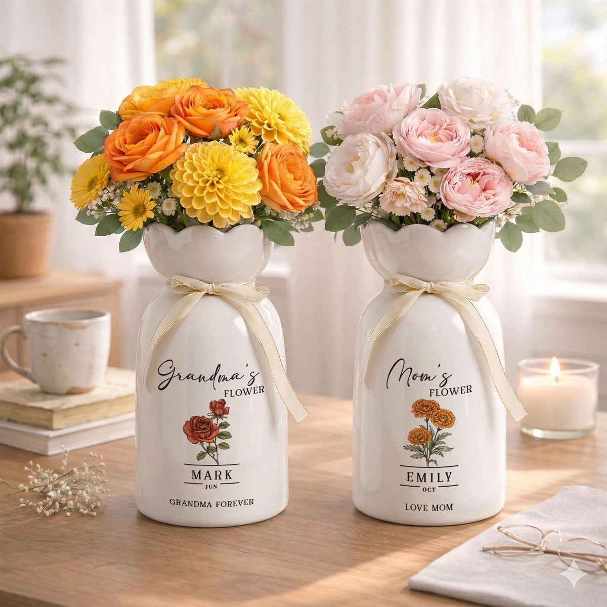Personalized Mom Birth Flower Vase, Mother's Day Gift for Mom, Custom Flower Vase with Name and Month Flower, Mom Birthday Gift
