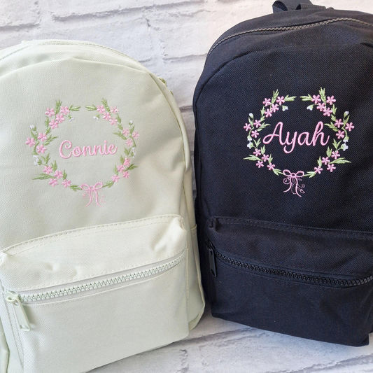 Flower Frame Backpack, Personalised Embroidered Girls Bag, Back to School, Nursery Bag, Floral Wreath