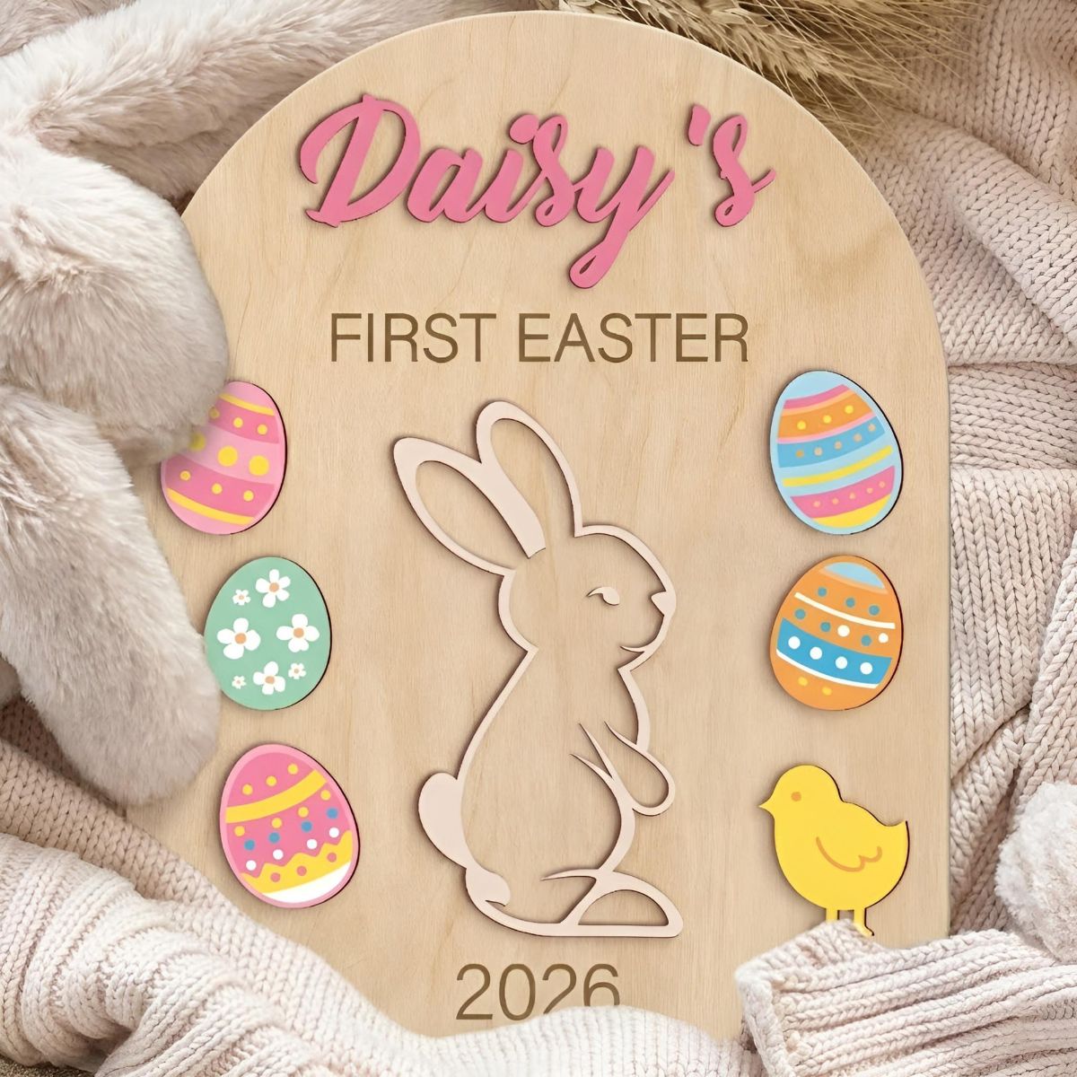 Baby's First Easter Wood Sign, Custom Name & Color Easter Decor, Arched Wooden Plaque with Stand, Kids Keepsake Gift, Easter's Day Baby