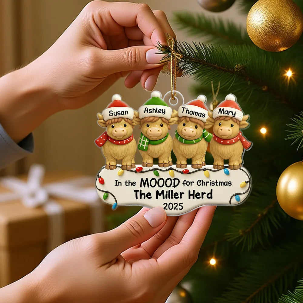 3D Effect Family Herd In The Mood For Christmas - Personalized Acrylic Ornament - Christmas Gift For Family