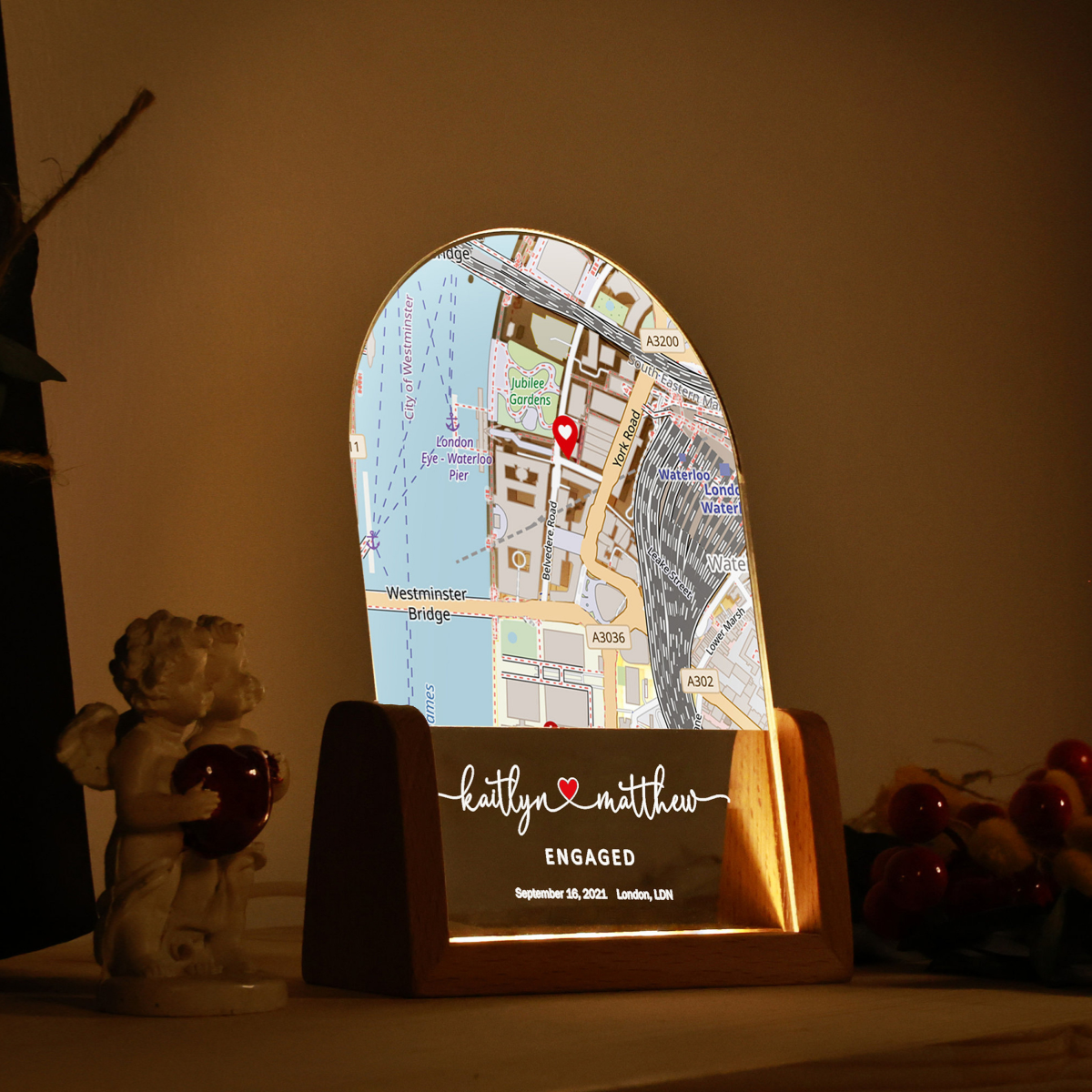 Custom Map Print - Personalized Desk Name Plate Night Light - Gift for Couple