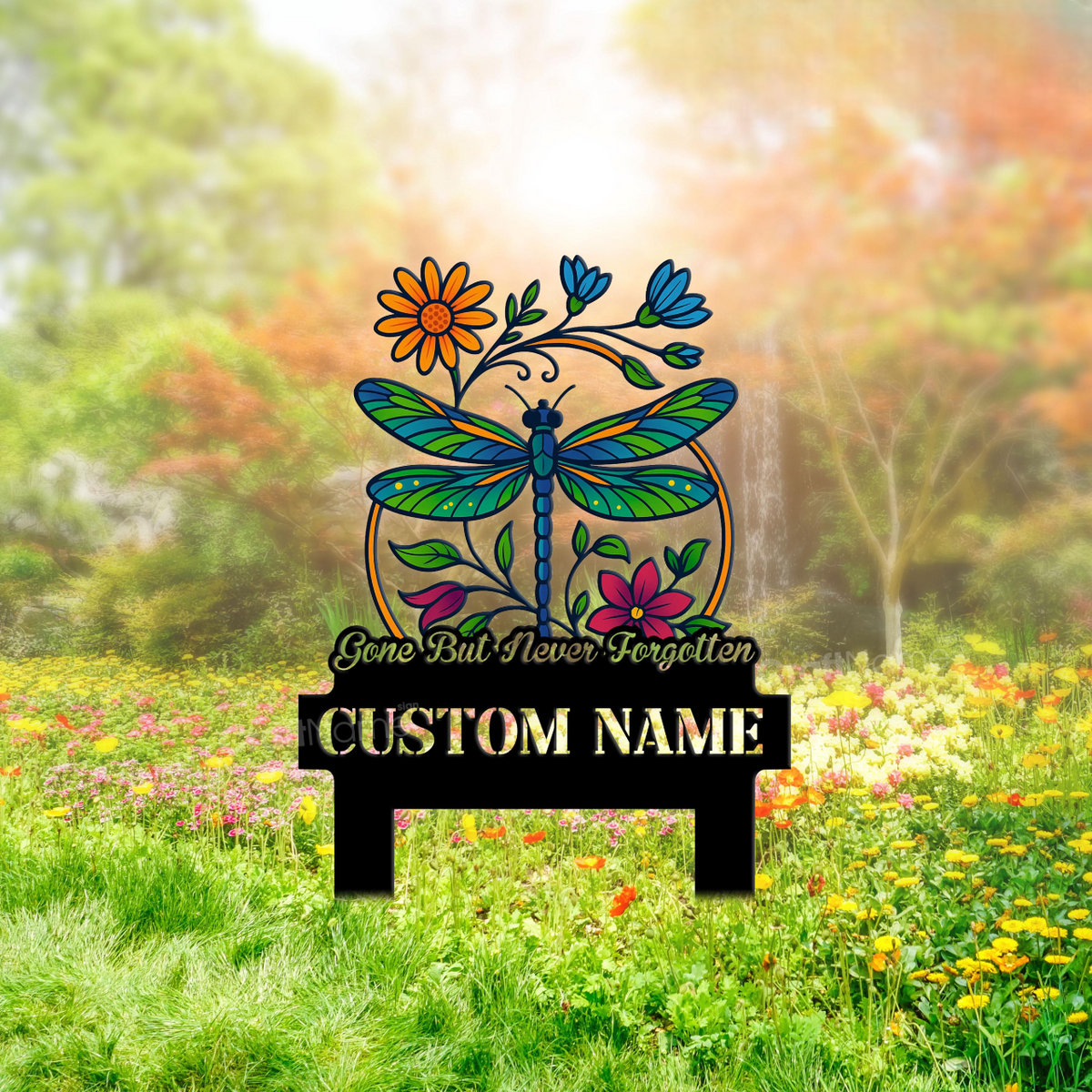 Personalized Flower Dragonfly Memorial Garden Metal with Stake, Dragonfly Metal Plaque, Sympathy Gift, Grave Marker for Dragonfly Lovers
