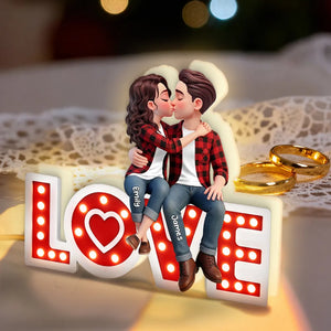 Red Marquee Love Pattern Kissing Couple - Personalized Acrylic Light Box - Anniversary Gift, Valentine's Day Gift For Couple