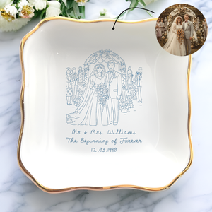 Custom Photo Wedding Anniversary Jewelry Plate for Married Couple, Personalized Ceramic Ring Dish & Marriage Keepsake