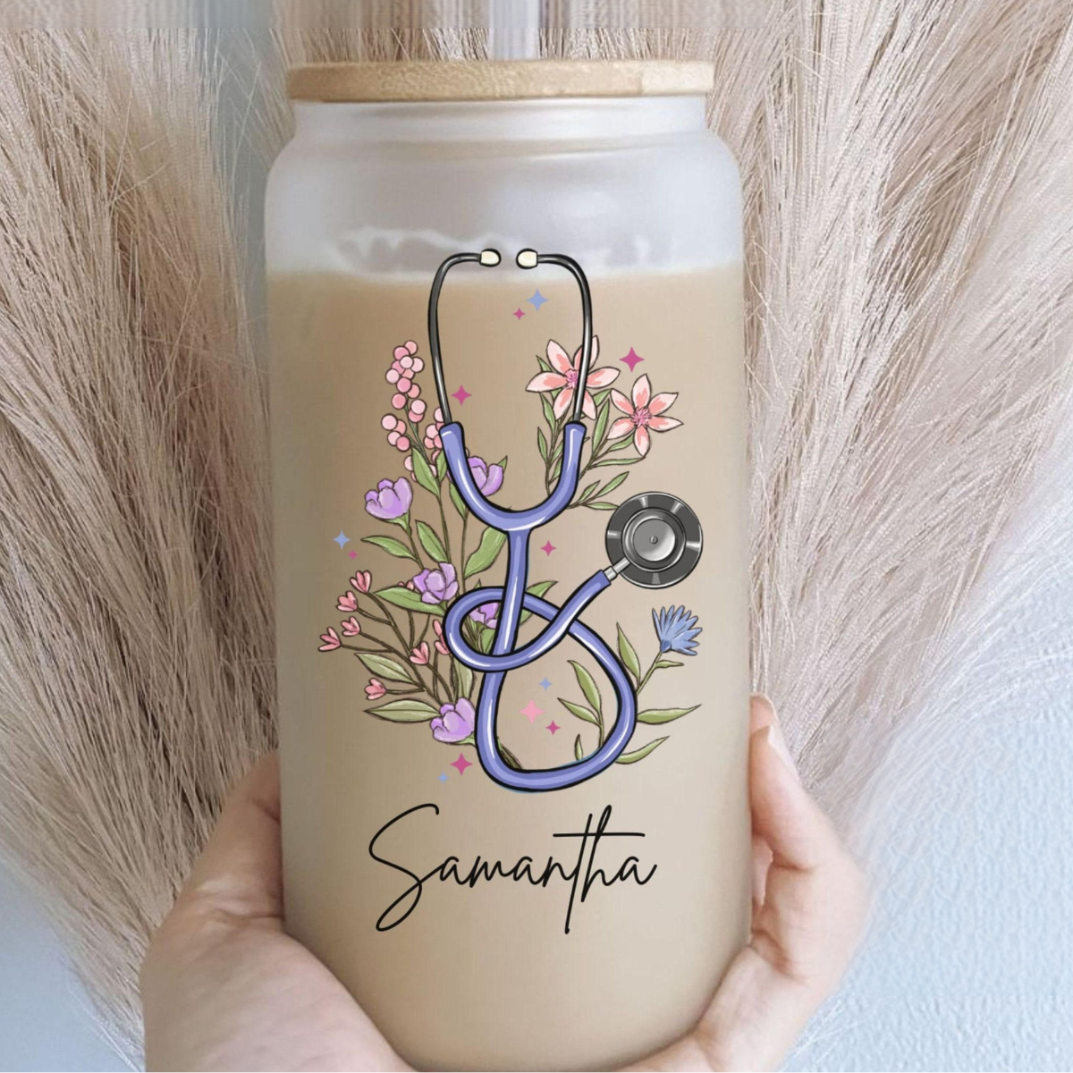 Nurse Floral Stethoscope Glass Tumbler, Personalized Nurse Gift, Nursing School Graduation Gift, Floral Doctor Cup, Registered Nurse Tumbler
