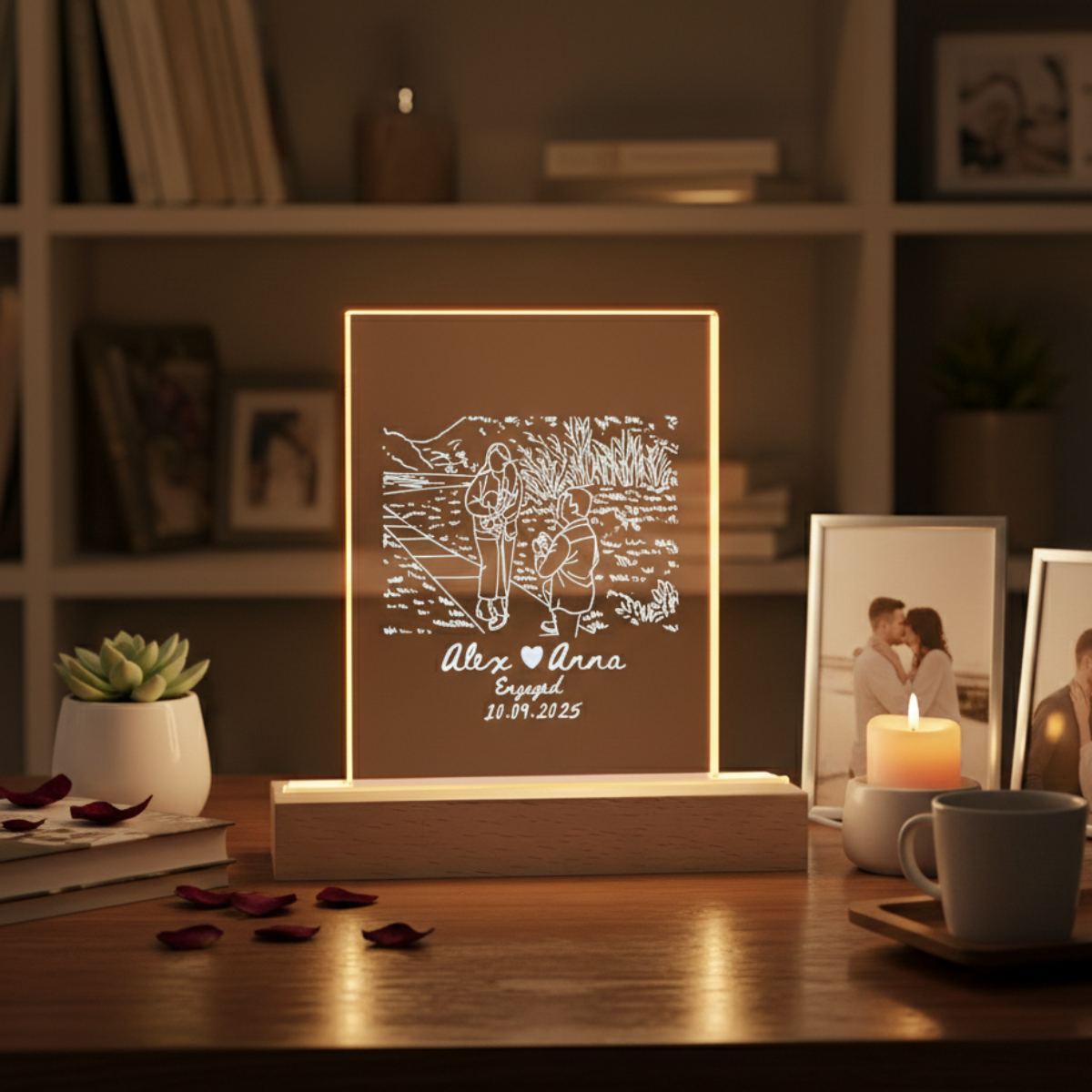 Custom Couple Portrait 3D LED Light Wooden Base, Valentine Gift, Anniversary Gift for Couple, Engagedment, Wedding Gift