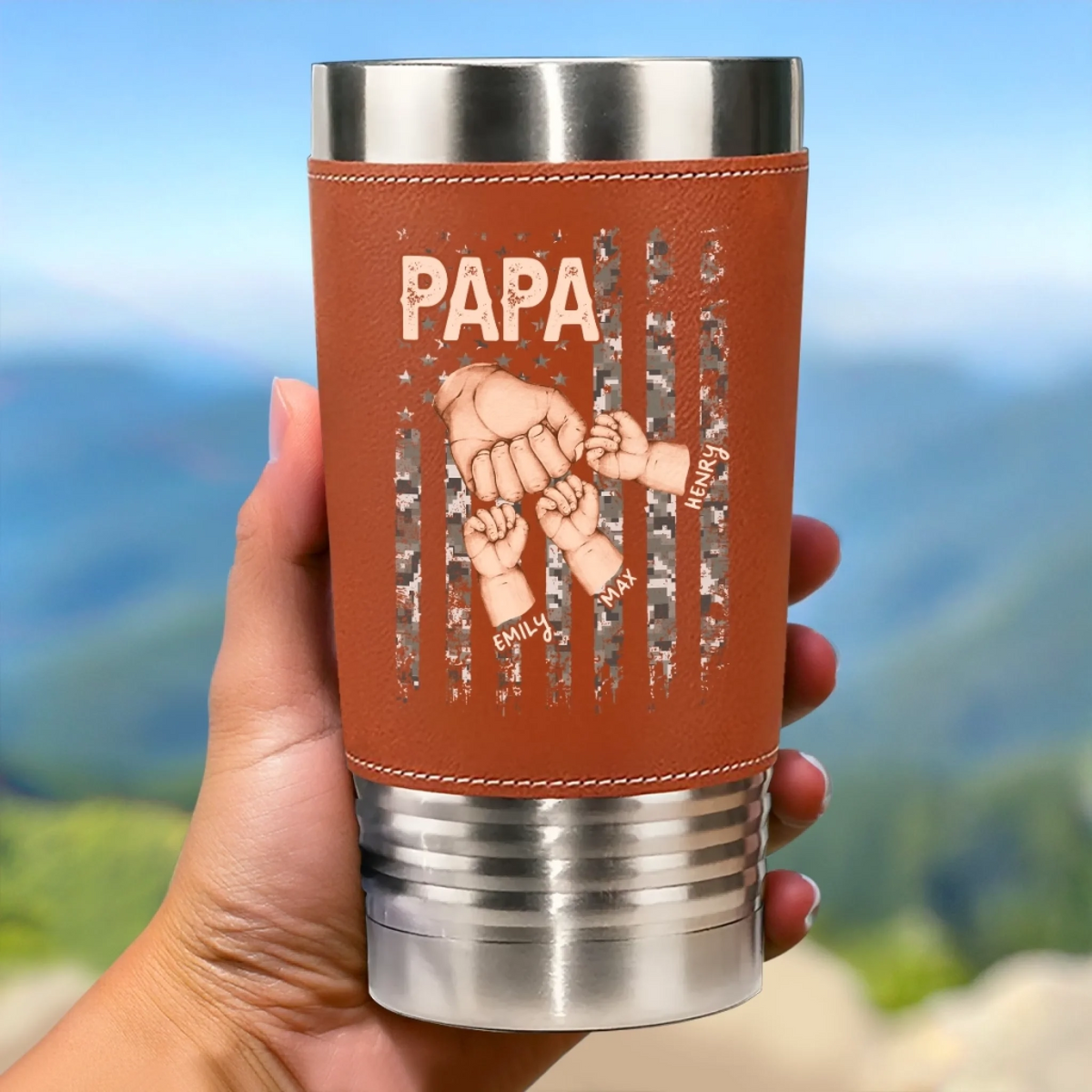 The Hand That Guides Us - Personalized Leather Tumbler - Father's Day, Gift For Dad, Grandpa, Family Members
