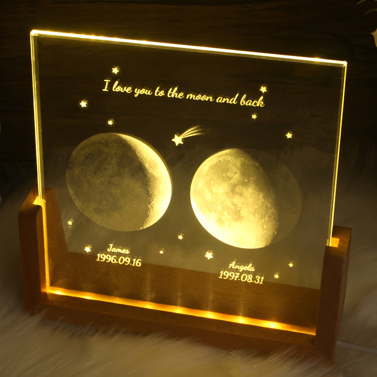 Personalized Moon Phase Desk Name Plate Night Light, Custom Moon Crystal Nightlight, The Night We Met Anniversary Gift