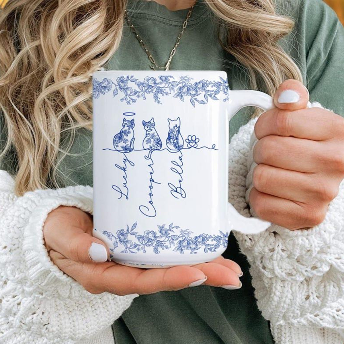 Custom Cat's Name Mug, Toile De Jouy Birth Flowers Mug, Cat Memorial Gift, Cat Lovers Gift, Cat Mom Gift, Gift For Cat Owner, Cat Owner Gift