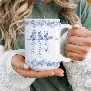 Custom Cat's Name Mug, Toile De Jouy Birth Flowers Mug, Cat Memorial Gift, Cat Lovers Gift, Cat Mom Gift, Gift For Cat Owner, Cat Owner Gift