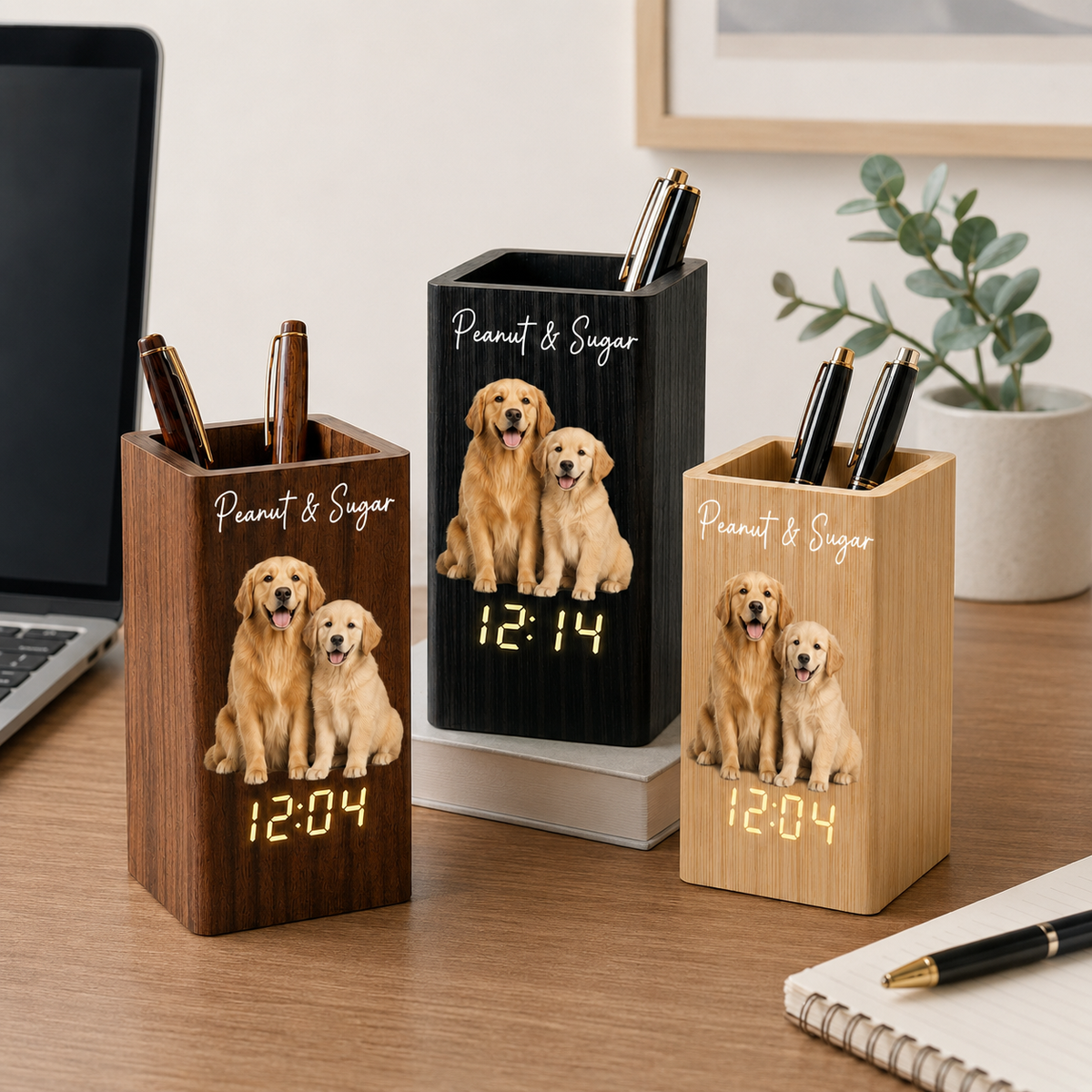 Custom Pet Watercolor Photo - Personalized Pen Holder With Clock - Gift For Dog Lovers, Cat Owners