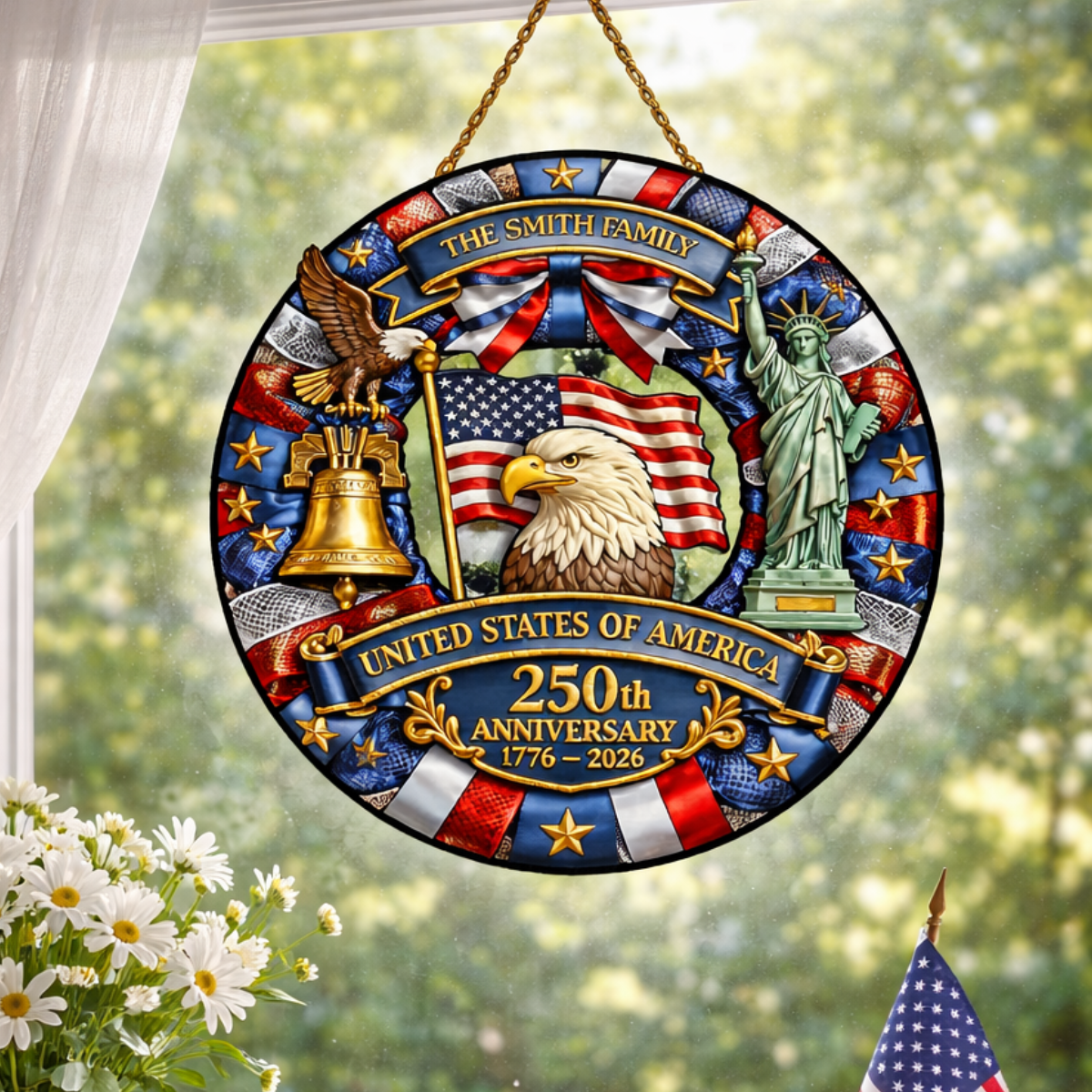 Personalized Patriotic Stained Glass Suncatcher, 4th of July Anniversary, Custom Family Name Window Decor