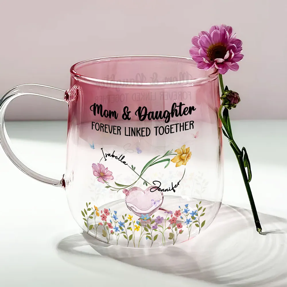 Mom And Daughter Forever Linked - Personalized Pink Gradient Glass Mug - Gift For Mom & Daughter, Mother's Day Gift