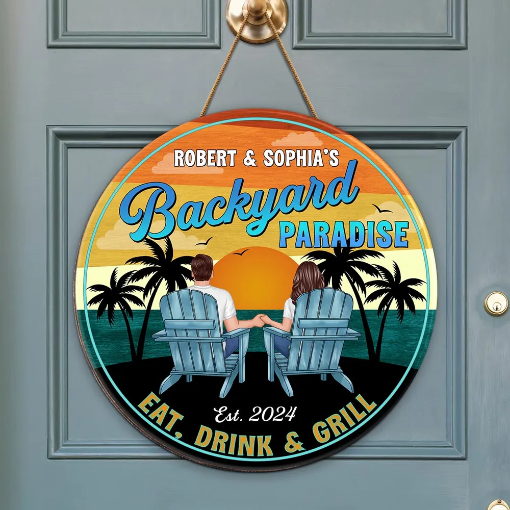 Vintage Backyard Paradise Couple Sitting - Personalized Wood Sign - Housewarming, Birthday, Anniversary Gift for Him, Her