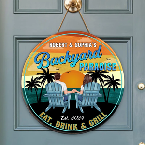 Vintage Backyard Paradise Couple Sitting - Personalized Wood Sign - Housewarming, Birthday, Anniversary Gift for Him, Her