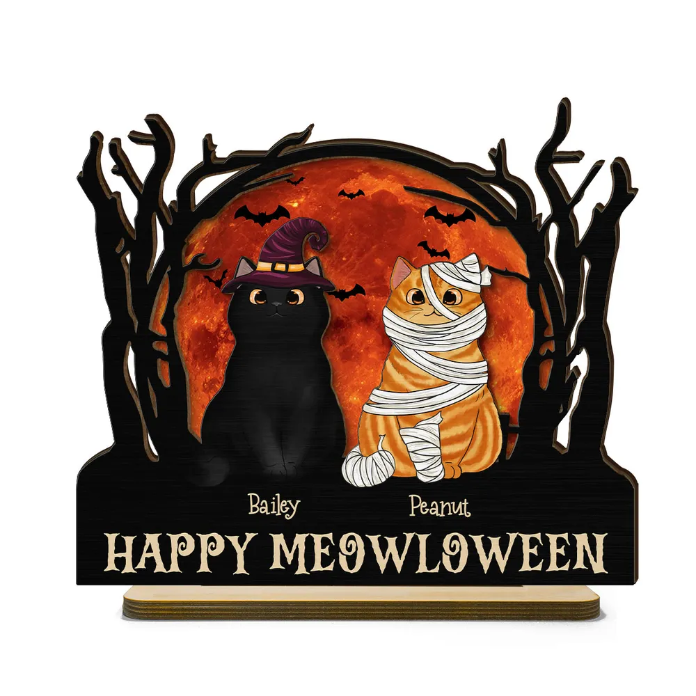 Happy Meowloween Halloween Night Cat - Pesonalized Wooden Plaque - Halloween Decor, Gift For Cat Lover