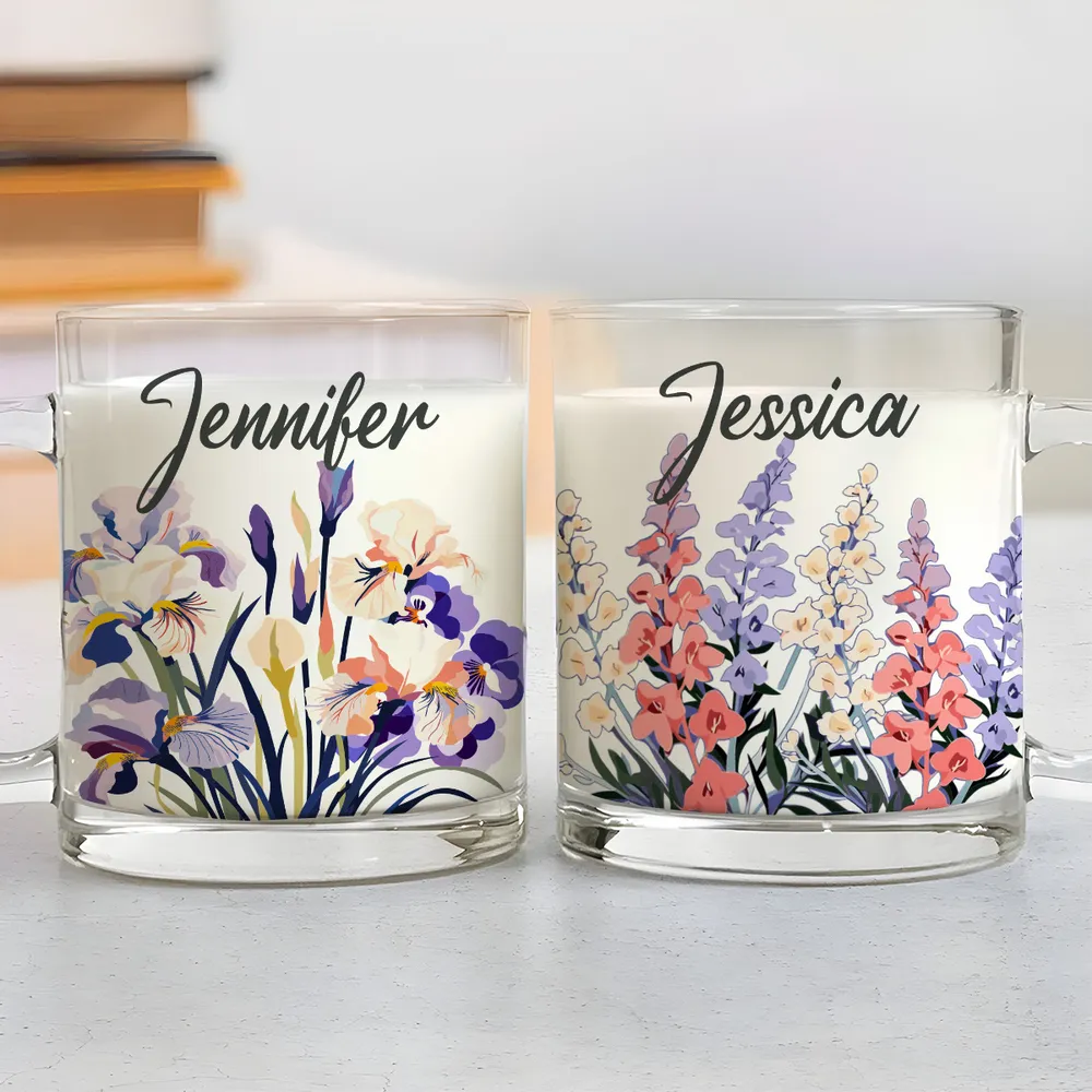 Custom Name Blooming Birth Month Flowers - Personalized Glass Mug - Gift For Sister, BFF, Friends