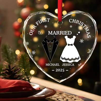 Our First Christmas Married - Personalized Crystal Ornament - Gift For Couple, Anniversary Gift, Christmas Gift