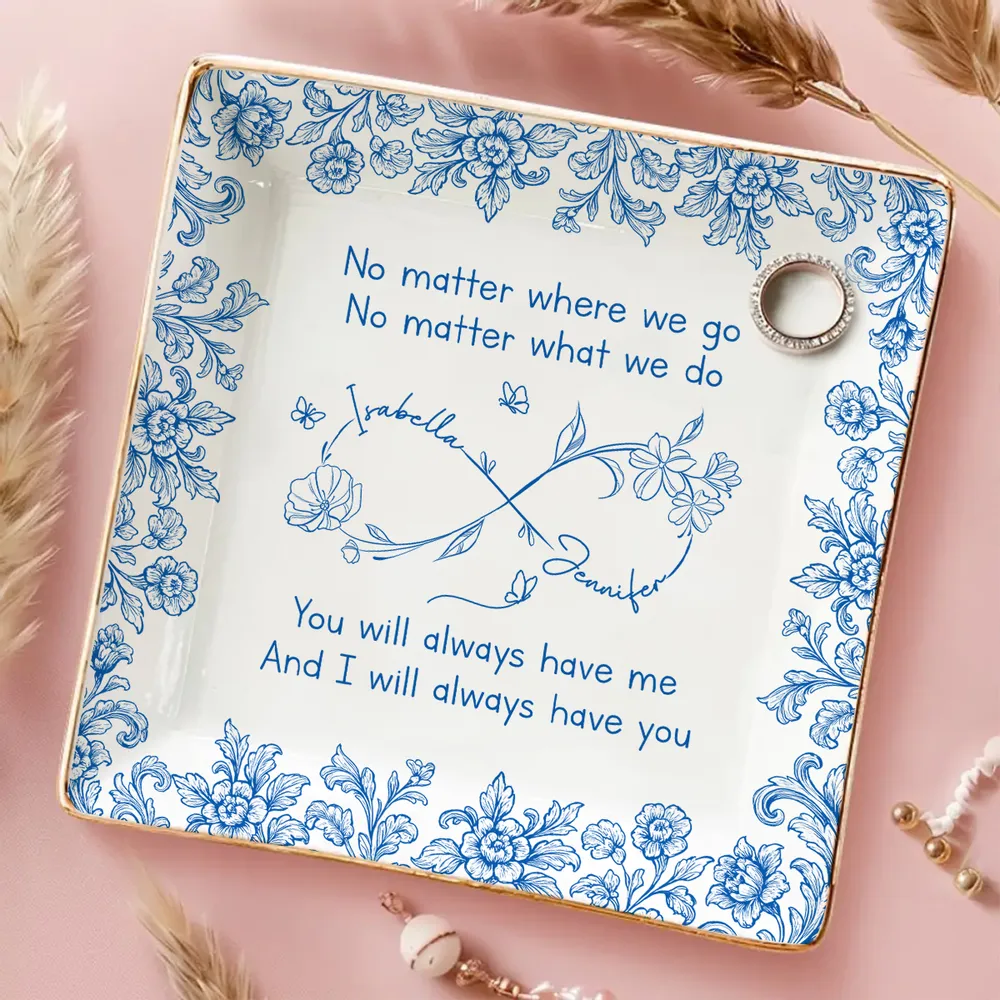 Bestie I Always Have You Blue Toile Birth Flower - Personalized Jewelry Plate - Gift For Bestie, Soul Sister, BFF