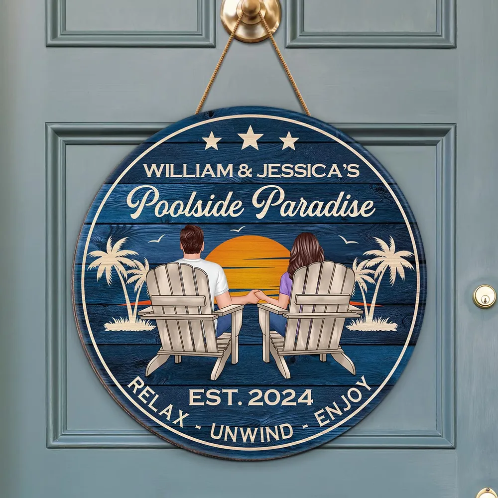 Poolside Paradise Beach Couple - Personalized Wood Sign - Gift For Couple, Summer Pool Deck, Beach House, Backyard Walls