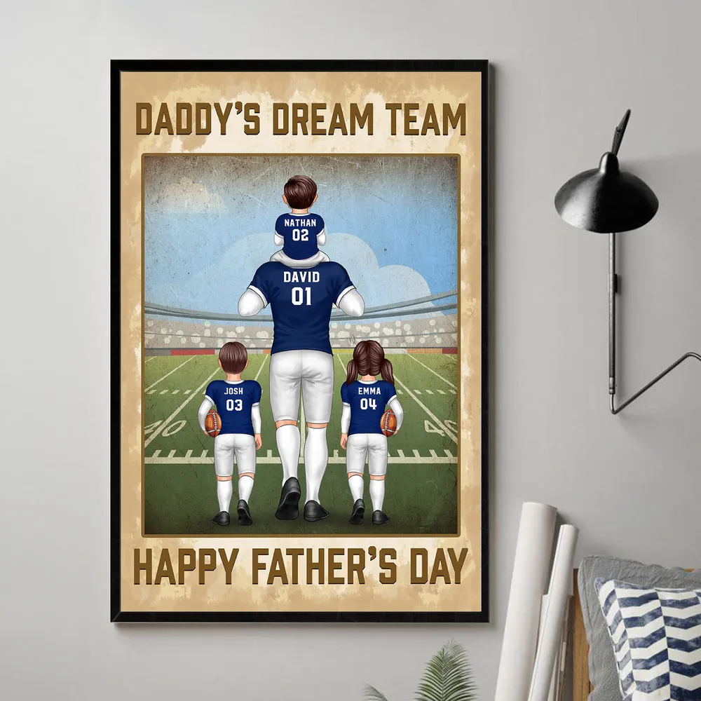 Daddy's Dream Team Happy Father's Day - Personalized Canvas - Gift For Football Dad, Father's Day Gift