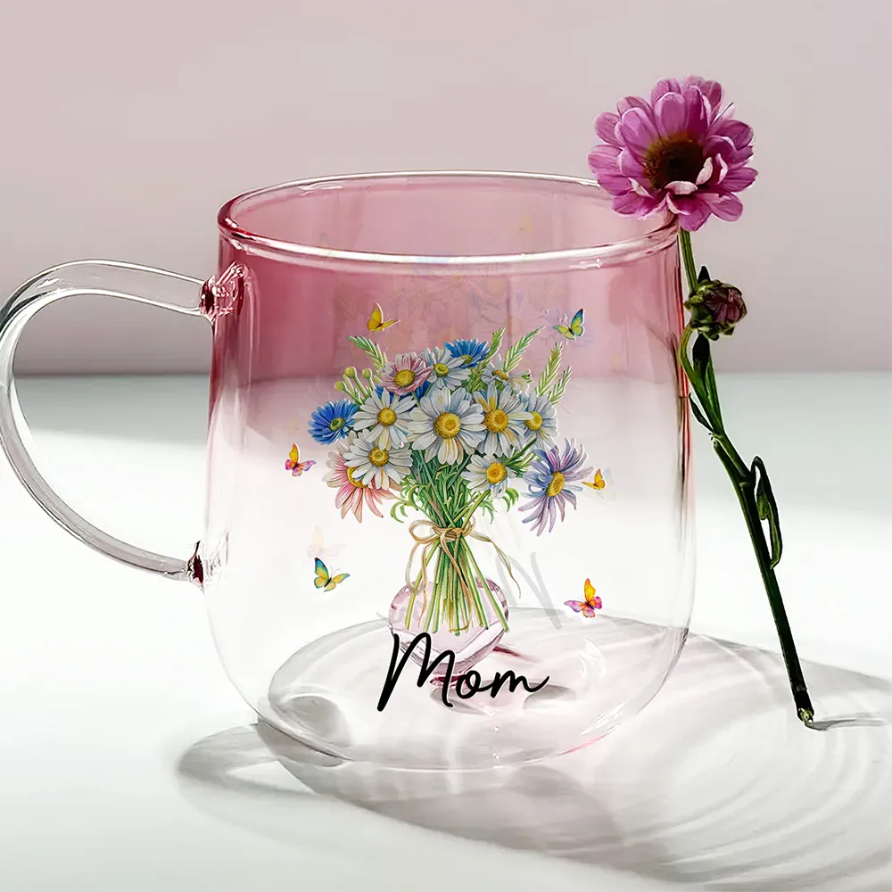 Custom Birth Month Flower Bouquet - Personalized Gradient Glass Mug - Birthday Gift, Mother's Day Gift