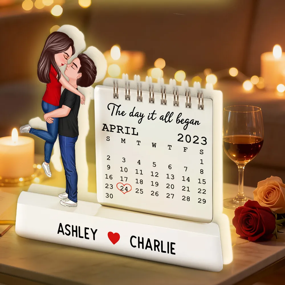 Couple Hugging Kissing The Day Our Story Began - Personalized Acrylic Light Box - Anniversary, Valentine's Day Gift For Couple