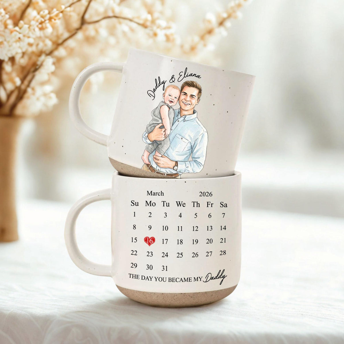 The Day You Became My Dad Engraved Coffee Mug, Personalized Daddy Calendar Pottery Mug, First Father's Day Gift, Gifts from Daughter and Son