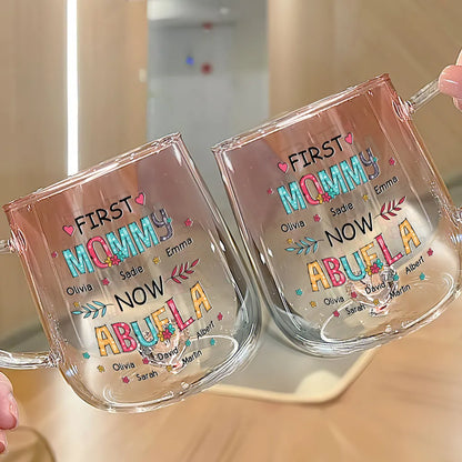 First Mom Now Grandma - Personalized Gradient Glass Mug - Gift For Grandma, Mother's Day Gift