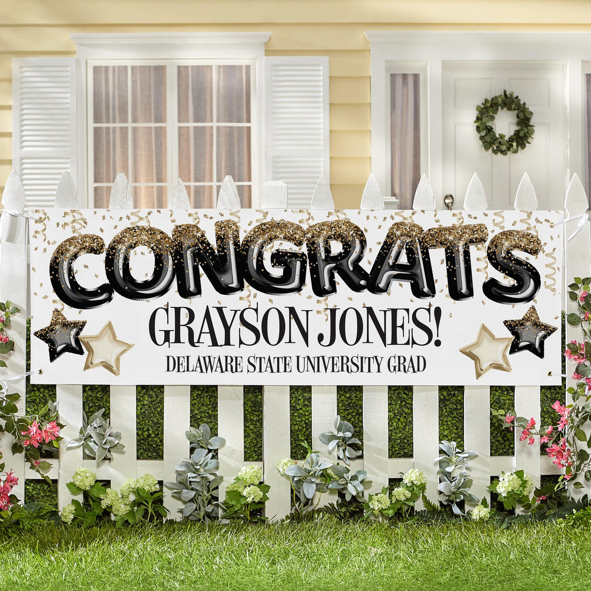 Personalized Graduation Banner, Congrats Graduate Custom Name & School Yard Party Decoration with Black & Gold Balloon Style Design