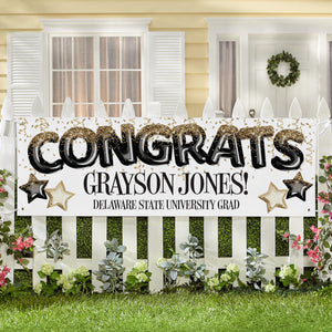 Personalized Graduation Banner, Congrats Graduate Custom Name & School Yard Party Decoration with Black & Gold Balloon Style Design