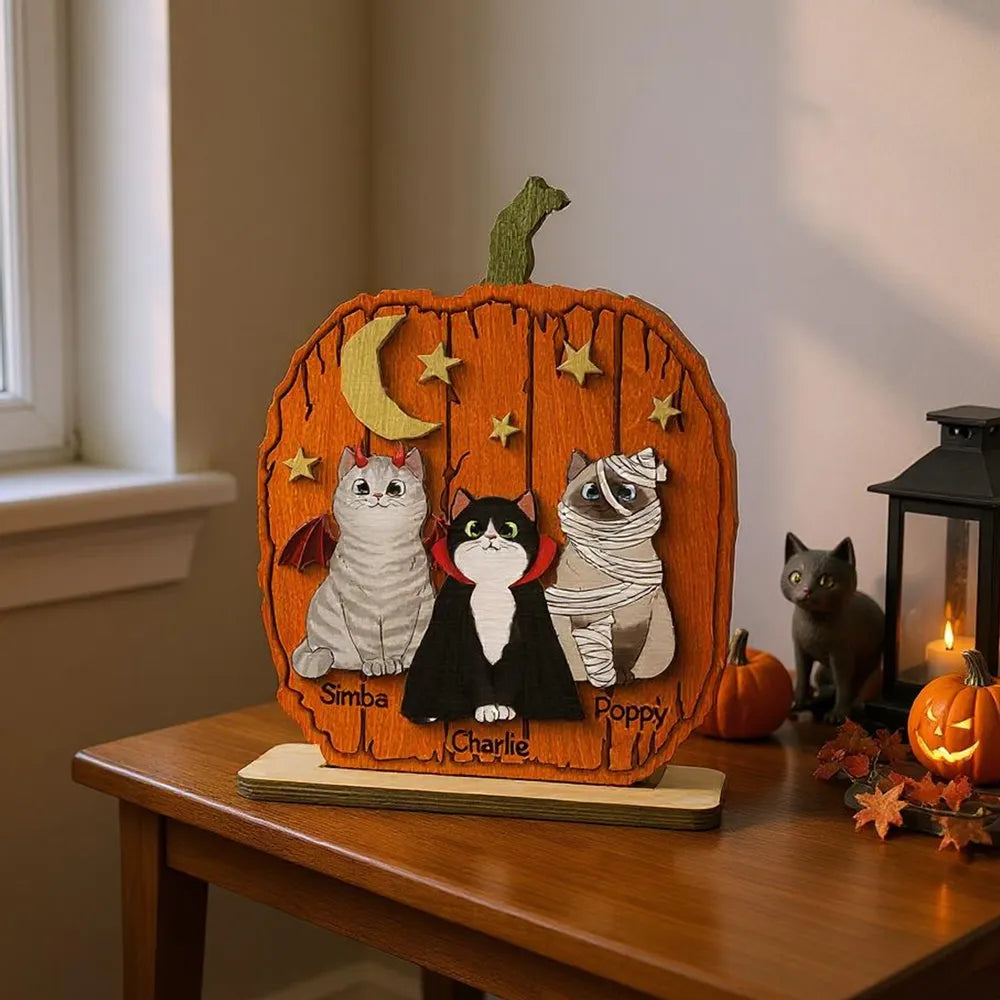Halloween Pumpkin Cat - Pesonalized Wooden And Acrylic Plaque - Halloween Decor, Gift For Cat Lover