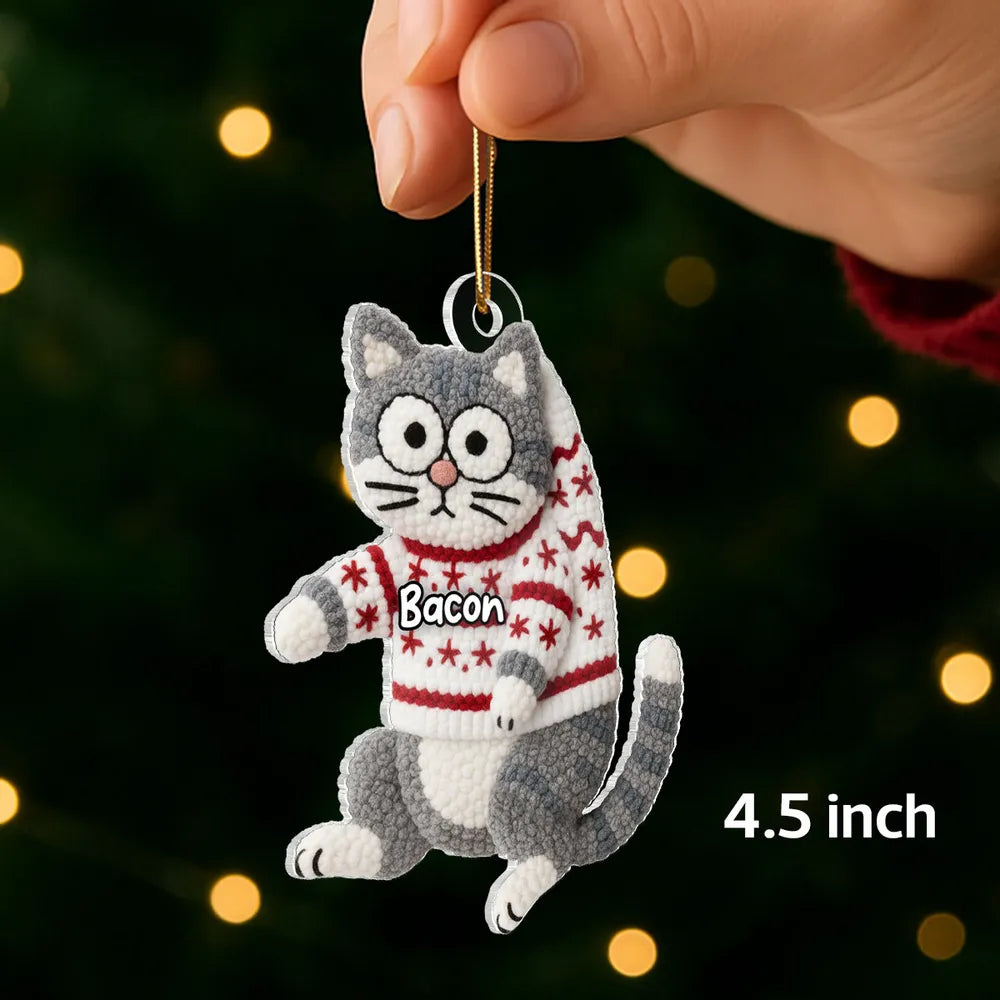 3D Effext Faux Crochet Funny Cat Hanging - Personalized Acrylic Ornament - Christmas Gift for Cat Lovers