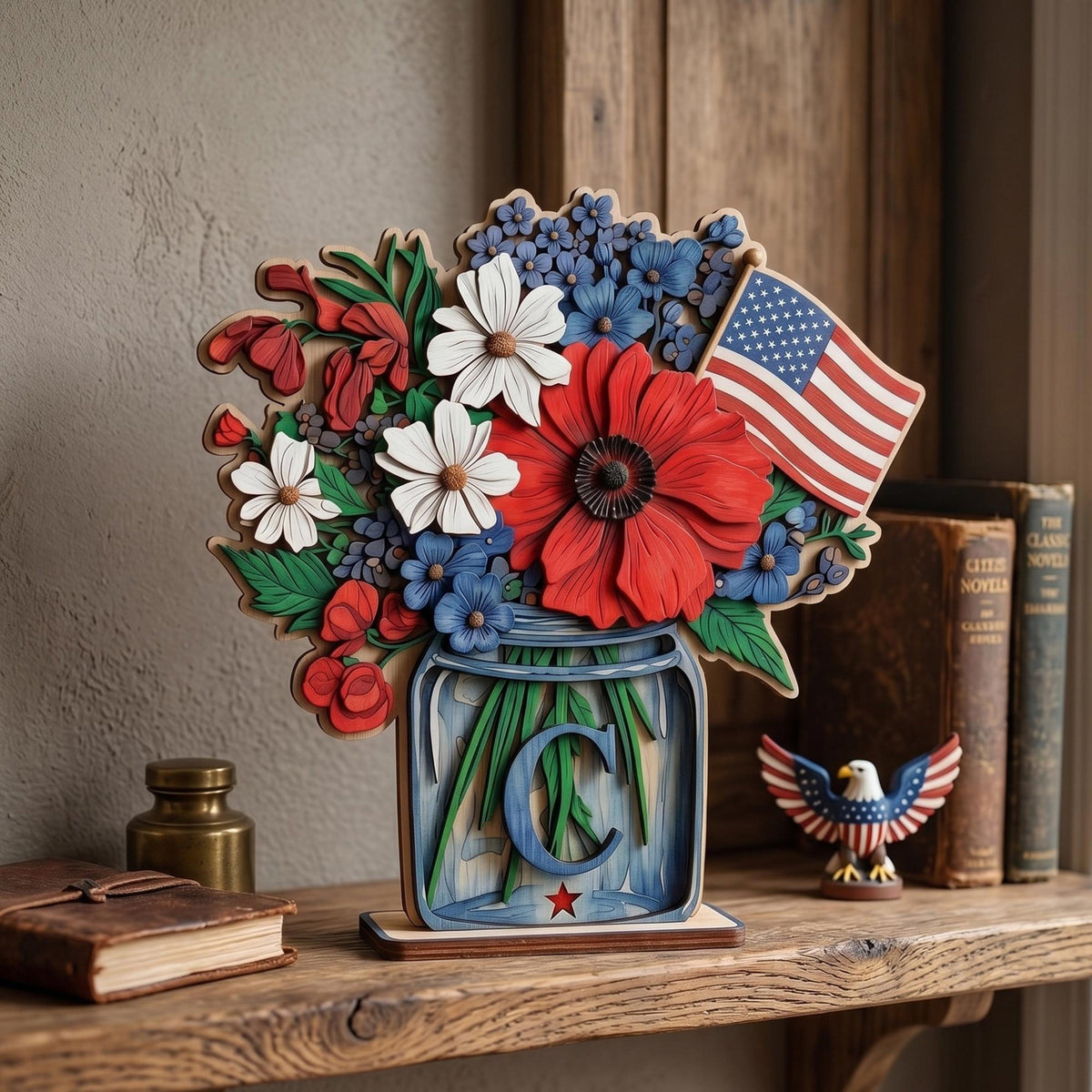 Personalized Patriotic Flower Wooden Plaque, American Flag Floral Arrangement, Fourth of July Centerpiece, USA Home Decor Gift