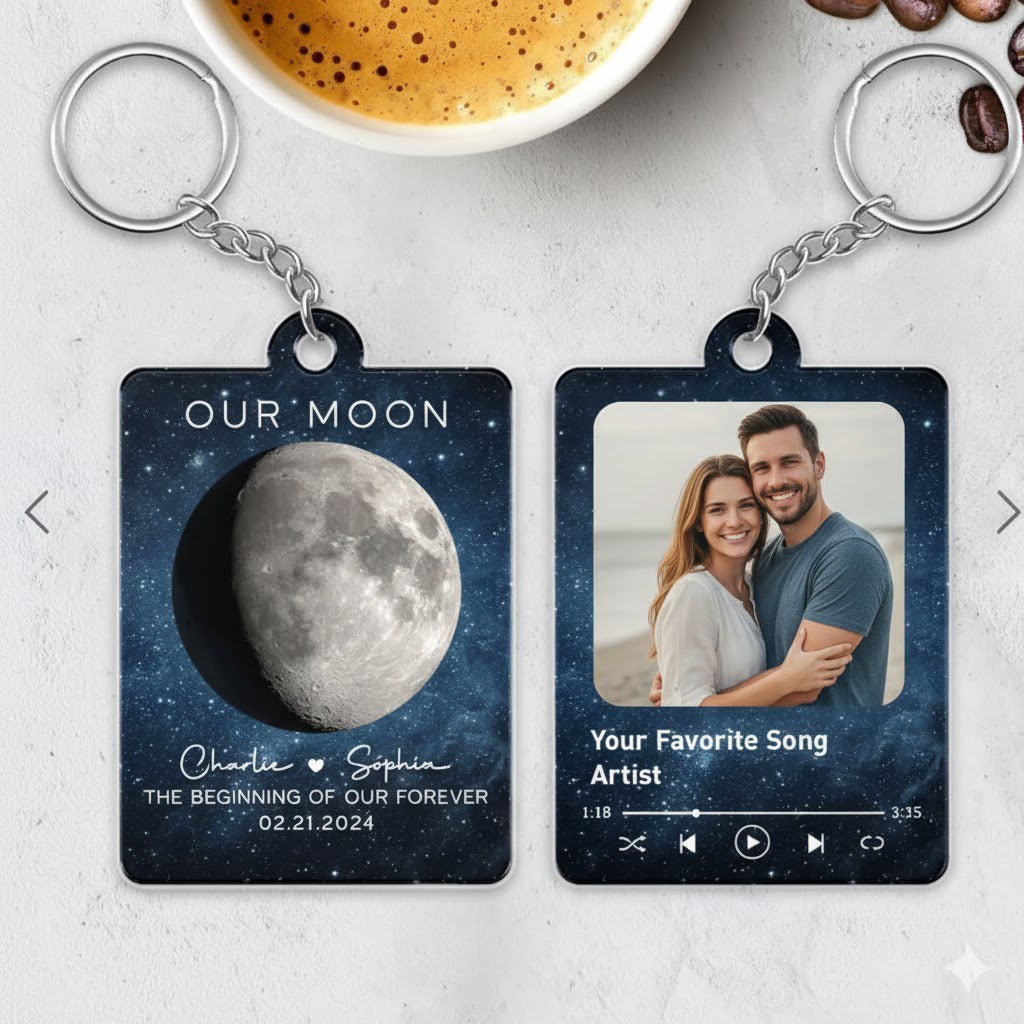 Our Moon Couple Moon Phase Custom Photo And Favorite Song - Personalized Acrylic Keychain - Anniversary Gift For Him Gift For Her