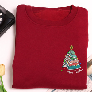 Personalized Teacher Name Christmas Book Tree Embroidered Sweatshirt, Merry Teacher Xmas Sweater, Woman Holiday Shirt for Librarian Gift