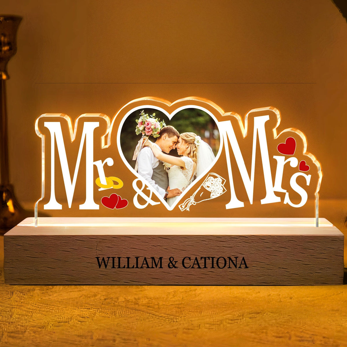 Mr. And Mrs. Custom Photo - Personalized 3D LED Light Wooden Base - Gift For Him, Gift For Her