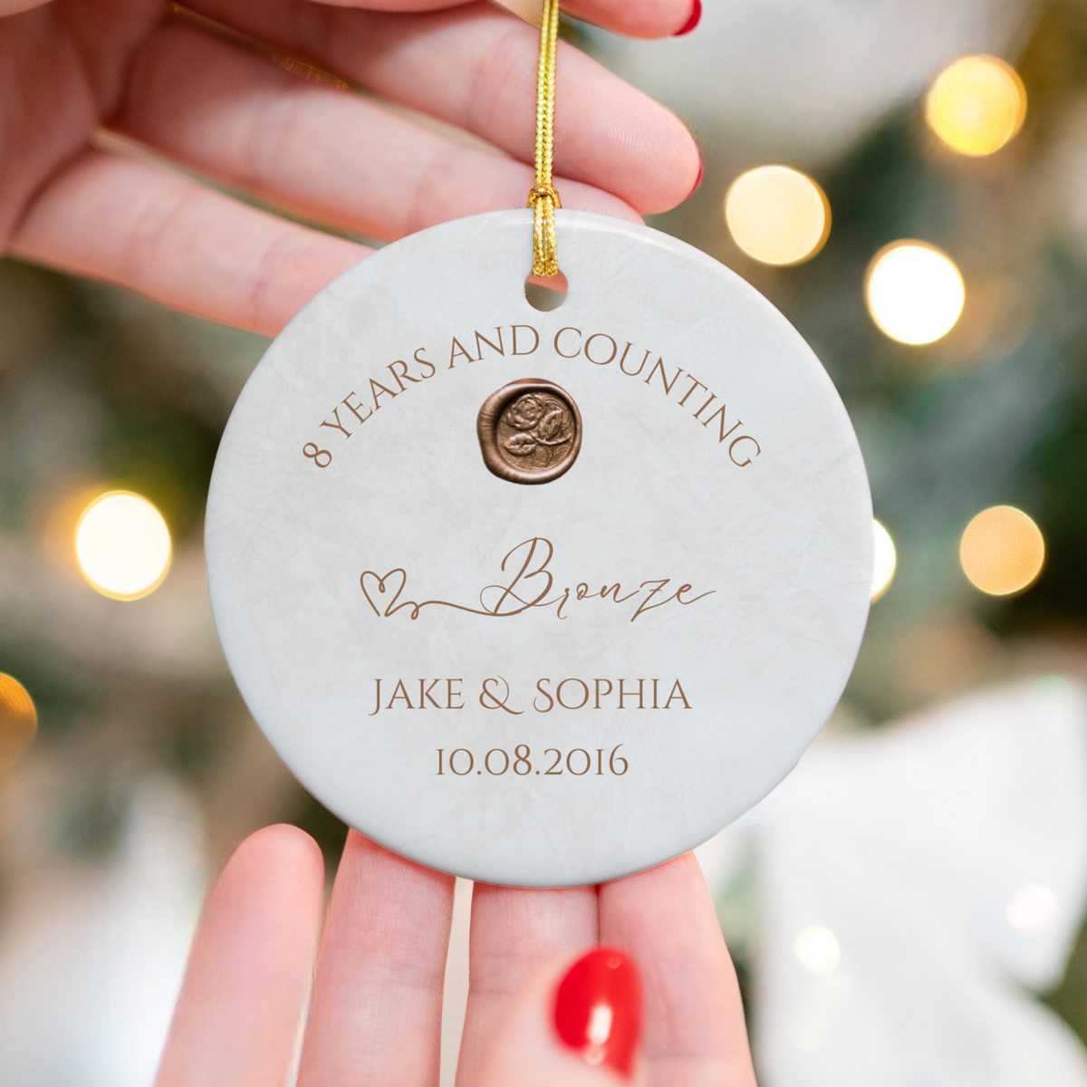 Personalize 8th Anniversary Ornament, Bronze Wedding Anniversary Gift, Eighth Year Anniversary Ceramic 8 Years Married Keepsake