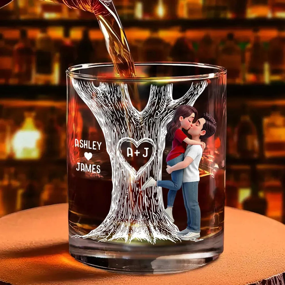Tree Of Love Kissing Couple - Personalized Whiskey Glass - Anniversary Gift, Valentine's Day Gift For Couple